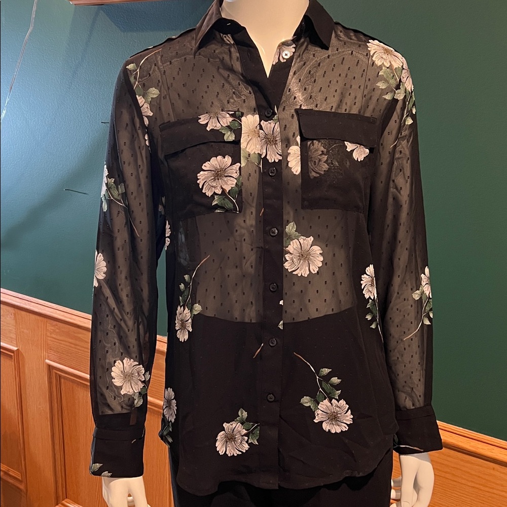 Banana Republic Sheer Floral Swiss Dot Dillon Shirt